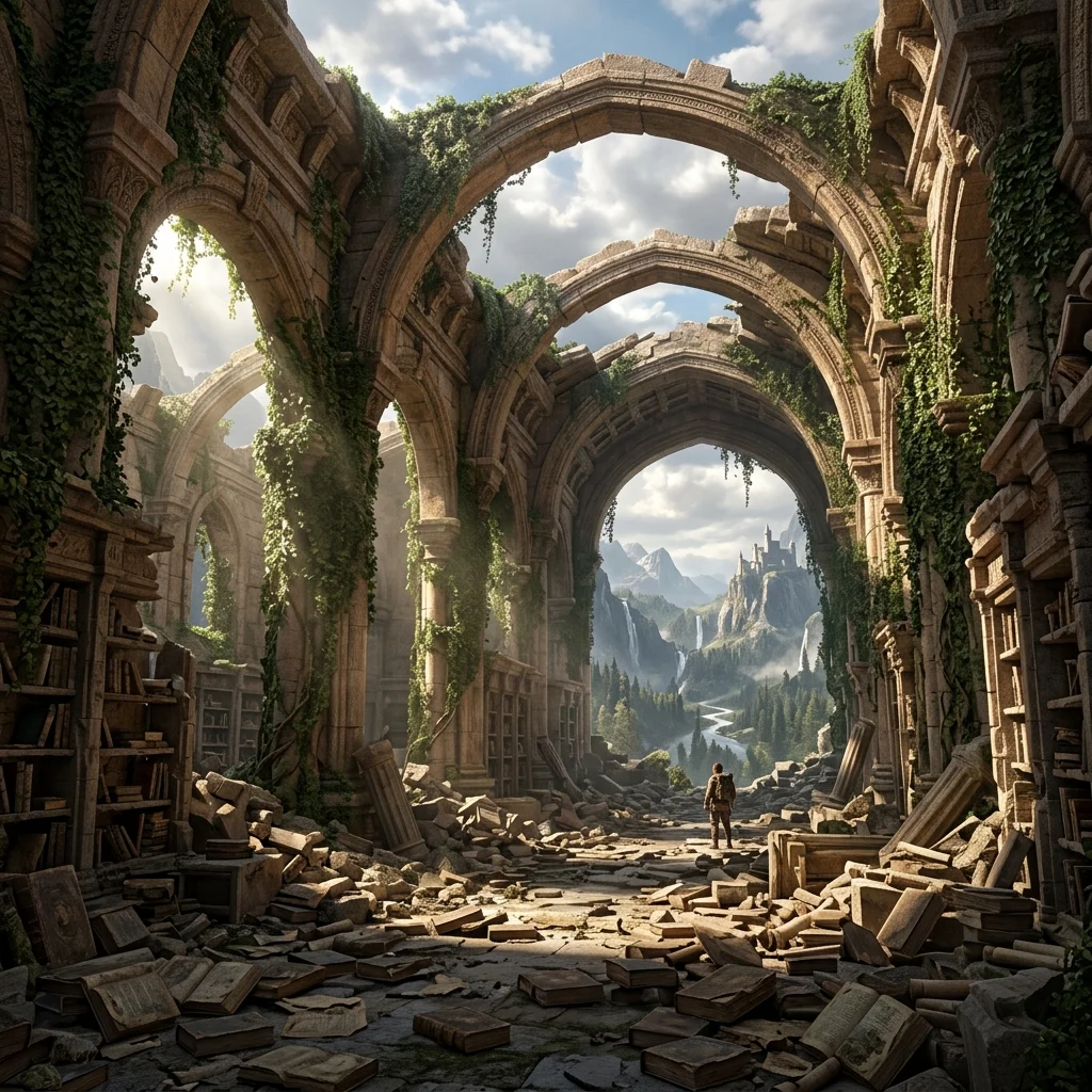 Ancient Library Ruins İllüstrasyonu (Midjourney Şablonu) - Vol 40